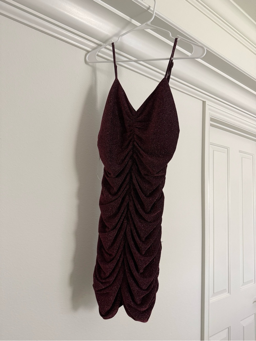 Lulu's Sparkle Ruched Spaghetti-Strap Mini Dress in Wine